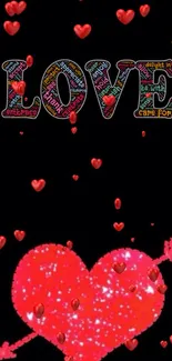 Vibrant love-themed wallpaper with red hearts and text for mobile screens.