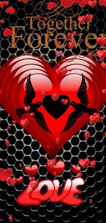 Romantic red heart wallpaper with birds and love message.