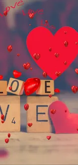 Romantic mobile wallpaper with red hearts and love blocks.