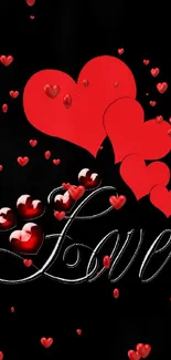 Romantic mobile wallpaper with red hearts on a black background displaying 'Love'.