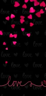 Pink hearts cascade on black love-themed wallpaper.