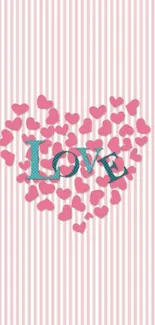 Romantic wallpaper with pink hearts and love text on a striped background.