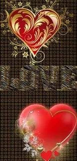 Romantic wallpaper with red and gold hearts and decorative motifs.