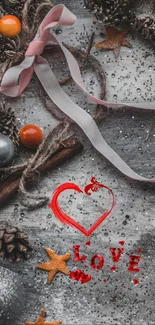 Romantic wallpaper with red heart and ribbon on gray background.