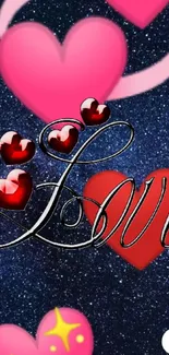 Romantic wallpaper with hearts and love text on a starry background.