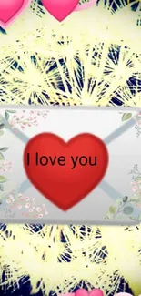 Romantic hearts with I Love You message on wallpaper.