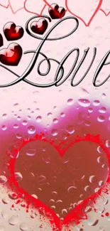 Romantic love wallpaper with red hearts and droplets.