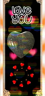 Heart-shaped wallpaper with colorful lights and 'Love You' message.