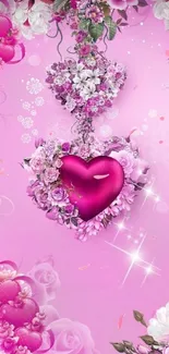 Romantic floral heart on pink background wallpaper.