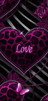 Pink leopard heart wallpaper with love text, roses, and butterflies.