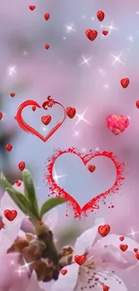 Romantic mobile wallpaper with red hearts and pink blossoms.