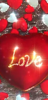 Red heart wallpaper with 'Love' glowing.