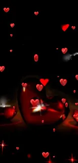 Romantic mobile wallpaper with red hearts and candles on a black background.