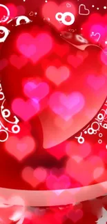 Romantic heart mobile wallpaper with glowing red hearts and artistic swirls.