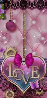 Pink romantic heart-themed mobile wallpaper with love and floral accents.