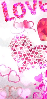 Romantic mobile wallpaper with pink hearts and love design.