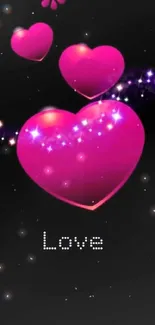 Pink heart wallpaper with sparkling stars and love text.