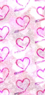 Mobile wallpaper with pink hearts and pens on a soft cream background.