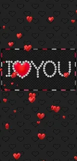 Romantic black and red heart wallpaper with 'I Love You' text.