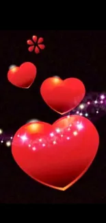 Vibrant red hearts with light trails on a black background for mobile wallpaper.