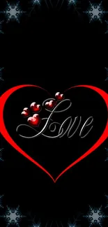 Romantic heart design with red details on a black background for mobile wallpaper.