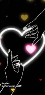 Neon heart with glowing hands in romantic art style.