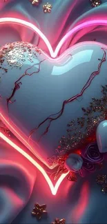 3D heart with neon lights and floral accents on a pink background.