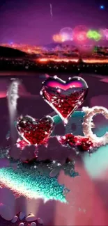 Romantic hearts with vibrant cityscape in glowing night wallpaper.