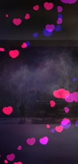 Romantic hearts floating in a mystical night landscape wallpaper.