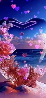 Romantic ocean view with glass heart and pink flowers wallpaper.