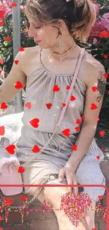 Woman in summer fashion with a heart overlay in a natural setting.