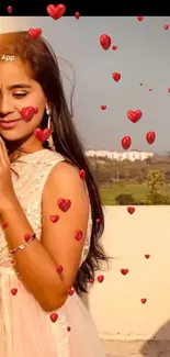 Woman with red heart overlay on soft cream backdrop.