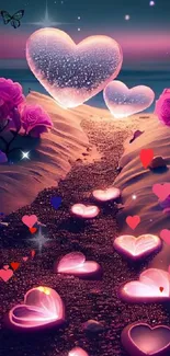 Romantic wallpaper featuring glowing hearts and roses in a dreamy landscape.