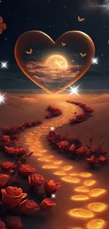 Heart-shaped path under moonlit sky with glowing footsteps and roses.