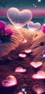 Romantic wallpaper with glowing hearts on a path at dusk.