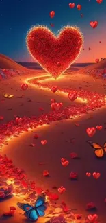 Romantic glowing heart path with butterflies at dusk