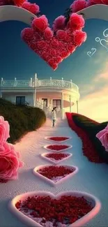 Romantic heart-shaped pathway with red roses.