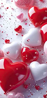 Romantic mobile wallpaper with glossy red and white hearts on a soft background.