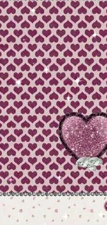 Romantic heart pattern wallpaper with glittering accents and plum hues.