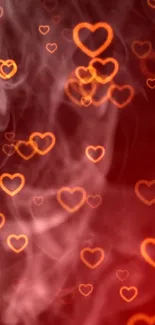 Romantic wallpaper with glowing red hearts on a smoky background.