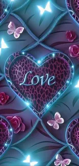 Purple heart pattern wallpaper with neon and butterflies.