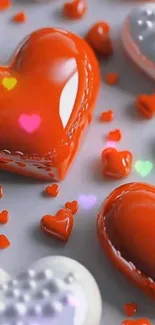 Glossy red and white heart pattern wallpaper.