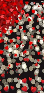 Romantic black wallpaper with scattered red and white hearts.