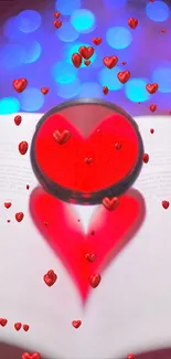 Heart shapes glowing on an open book with a vibrant red hue.