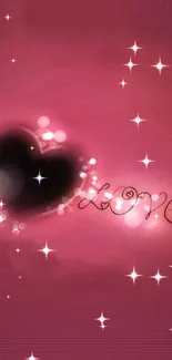 Romantic pink wallpaper with black heart and glowing love text.