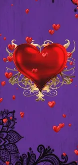 Romantic red heart on a purple background with black floral designs.