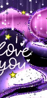 Romantic purple heart wallpaper with 'I Love You' text and stars.