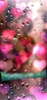 Romantic mobile wallpaper with heart-shaped raindrops and pink hues.