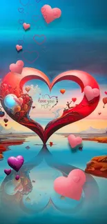 Romantic heart with sunset reflection art wallpaper for mobile phones.