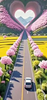 Road with cherry blossoms and heart-shaped mountain.